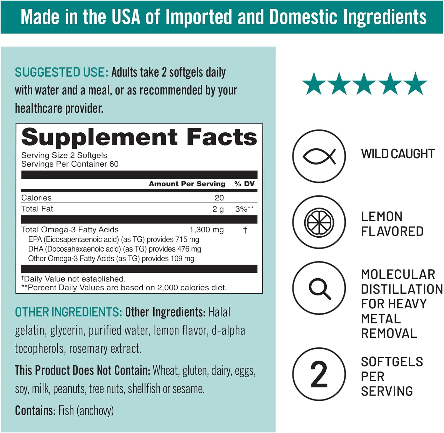 Wild-Caught Fish Oil Omega 3 Supplement 1300mg - High Potency EPA & DHA for Brain & Heart Health - Burpless, Gluten, Dairy, Soy Free - 120 Softgels - Non-GMO [2-Month Supply]