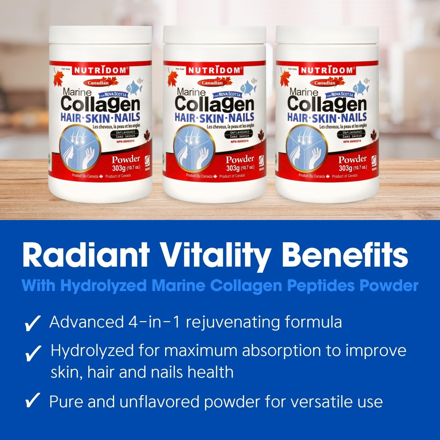Wild-Caught Hydrolyzed Marine Collagen Peptides Powder from Nova Scotia - Supports Hair, Skin & Nails - Non-GMO - Gluten, Soy & Dairy Free - 303g