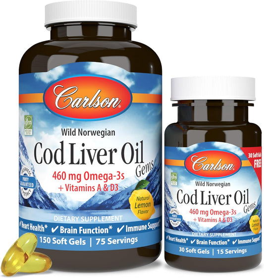 Wild-Caught Norwegian Arctic Cod Liver Oil Capsules with Omega-3s, Vitamins A & D3, Lemon Flavor - 180 Softgels