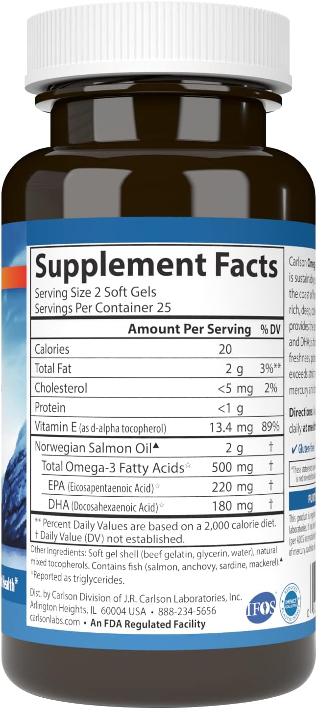 Wild Caught Norwegian Salmon Oil Capsules - 500mg Omega-3s, Sustainably Sourced Supplement, 50 Softgels