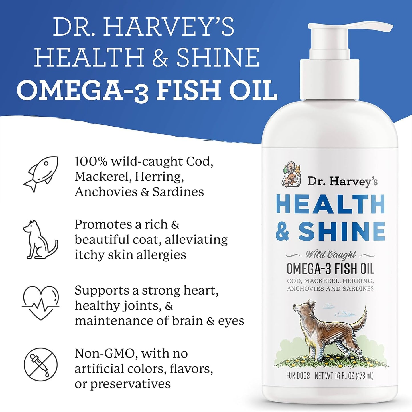 Wild Caught Omega 3 Fish Oil for Dogs - Promotes Healthy Coat, Joint Strength, and Allergy Relief - 16 fl. oz.