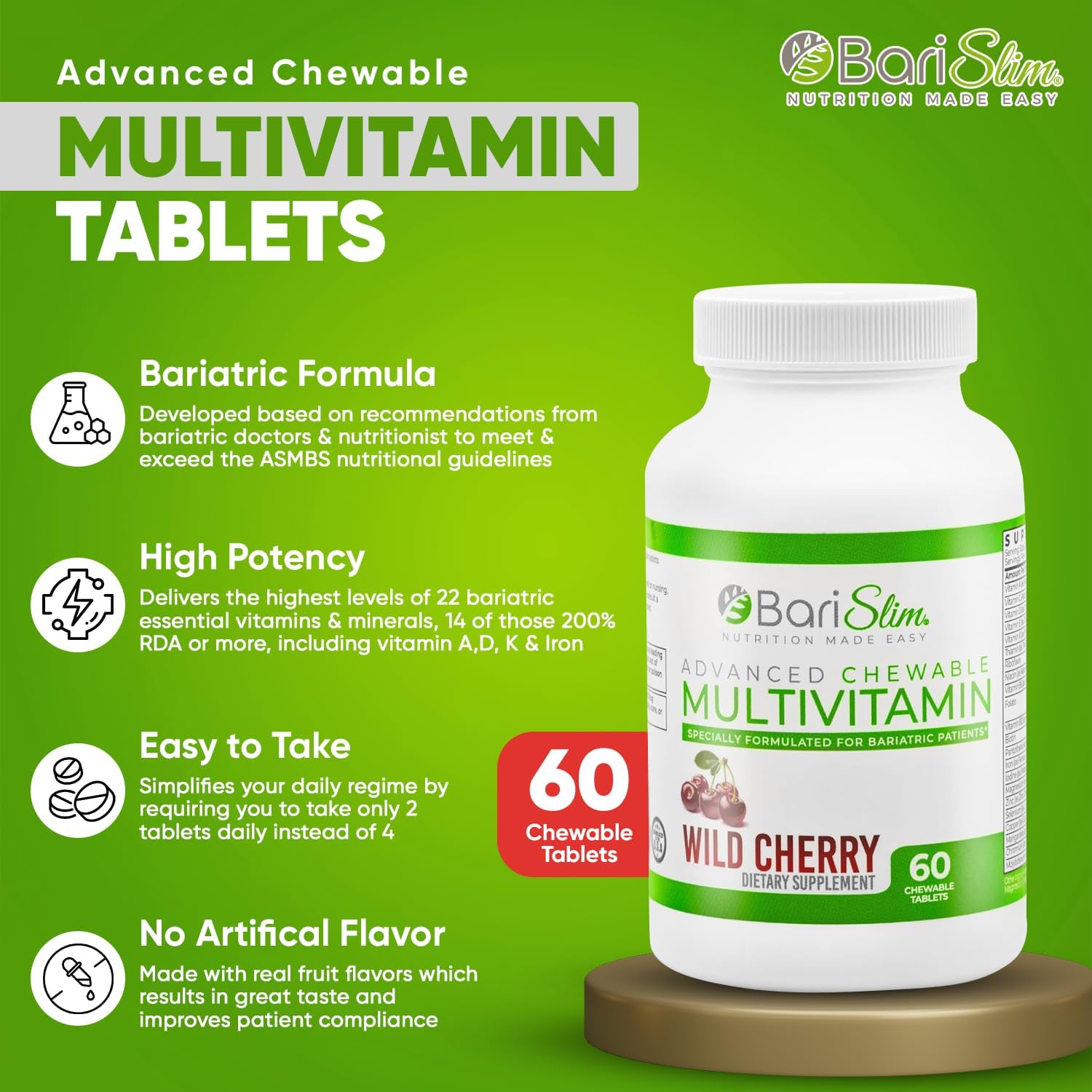 Wild Cherry BariSlim Advanced Chewable Bariatric Multivitamin Tablets - 60 Count