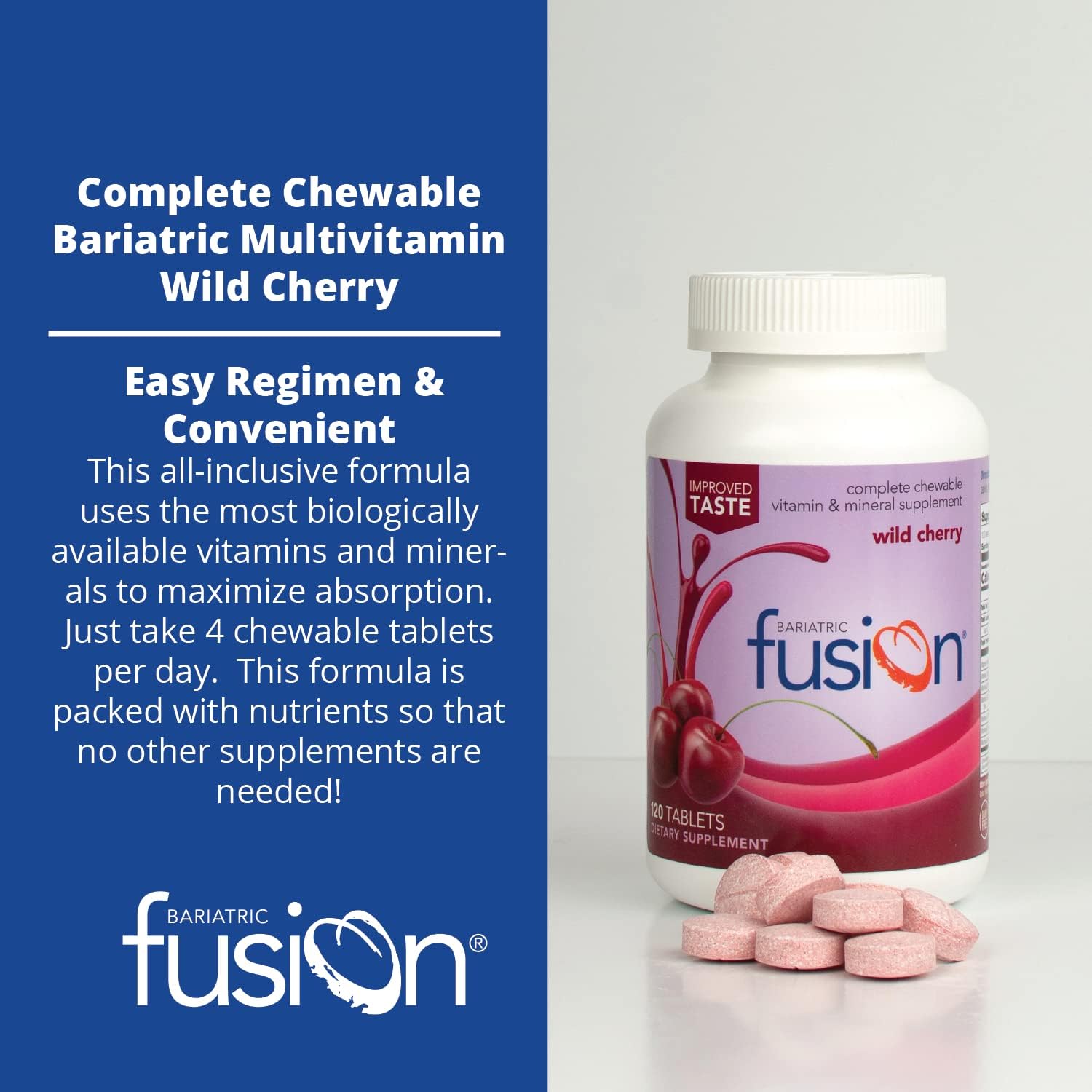 Wild Cherry Chewable Bariatric Multivitamin with Iron - 120 Tablets for Gastric Bypass & Sleeve Gastrectomy