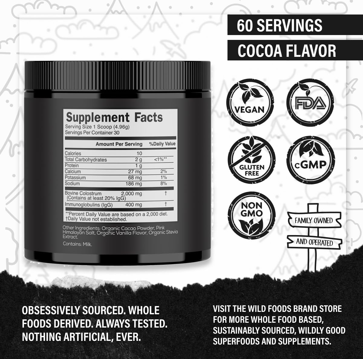 Wild Foods Bovine Colostrum Supplement Powder - Pure Whole Superfood with Natural IgG, Unflavored - 30 Servings, 4.23 oz