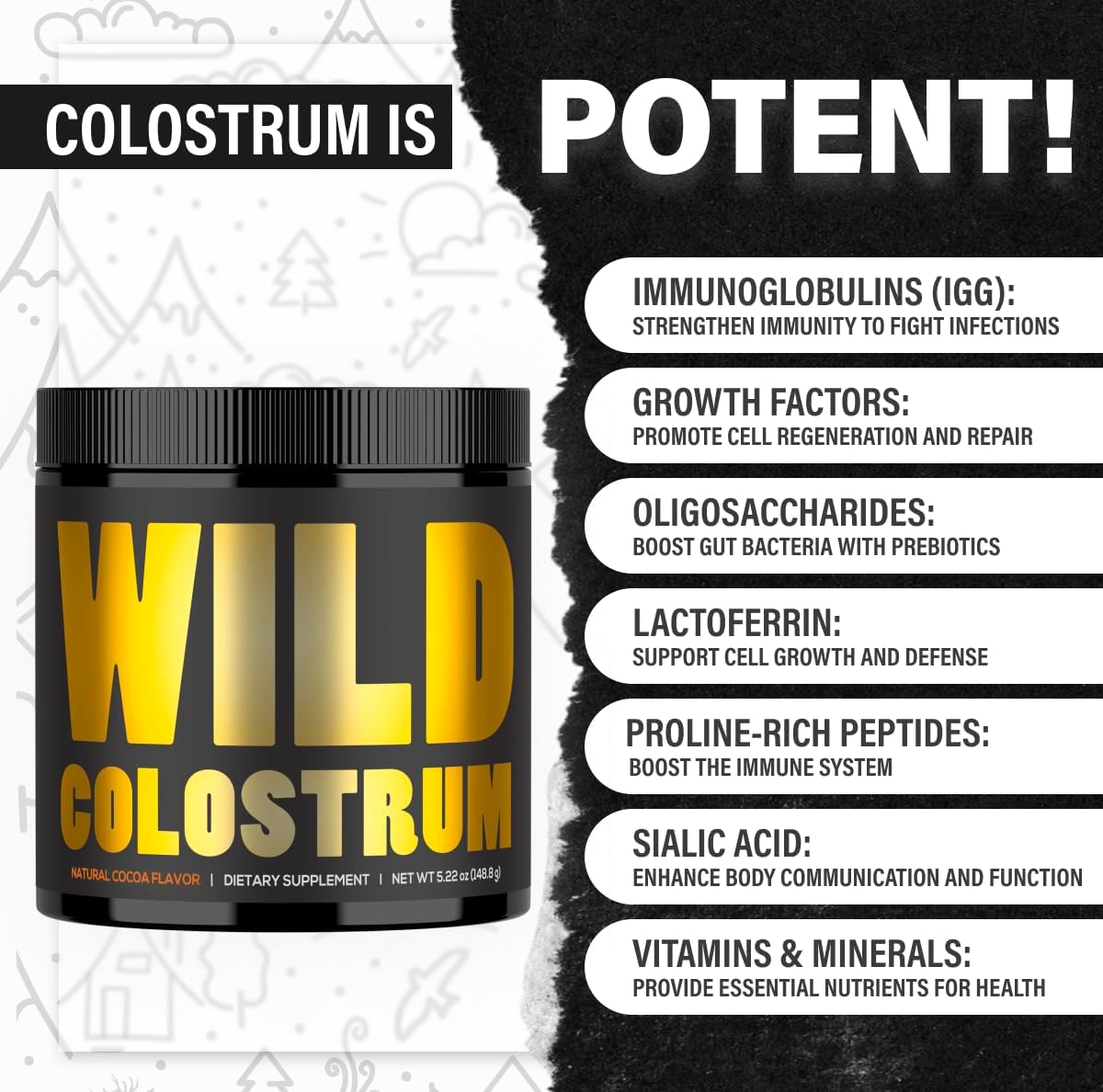 Wild Foods Bovine Colostrum Supplement Powder - Pure Whole Superfood with Natural IgG, Unflavored - 30 Servings, 4.23 oz