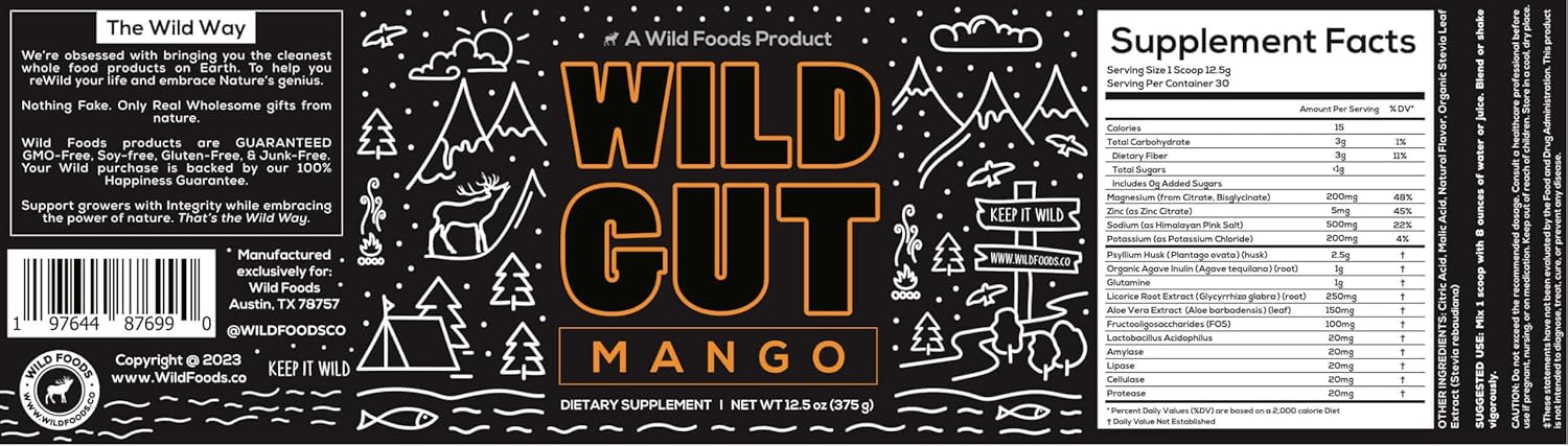 Wild Foods Electrolyte Drink Powder with Psyllium Husk, Probiotics, and Prebiotics for Digestive Support - 12.5oz