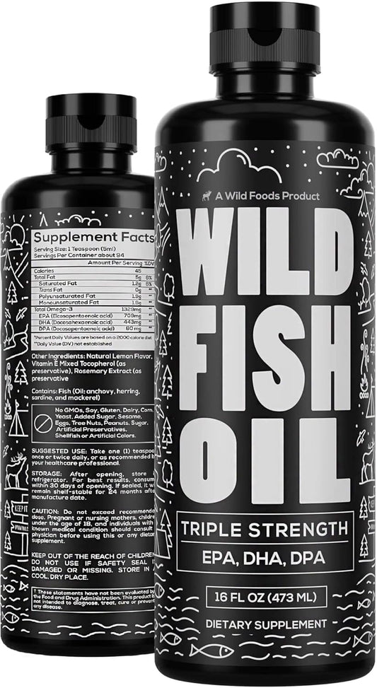 Wild Foods Lemon Liquid Omega 3 Fish Oil Supplement - 16 oz (1 pk) - Triple Strength Heart & Joint Nutrition - Non-GMO, Gluten Free - DPA, DHA, EPA for Women & Men