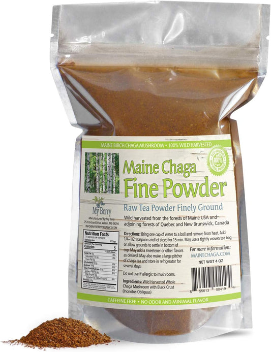 Wild-Harvested Maine Chaga Tea Fine Mushroom Powder, 100% Raw, Pesticide-Free, 4oz