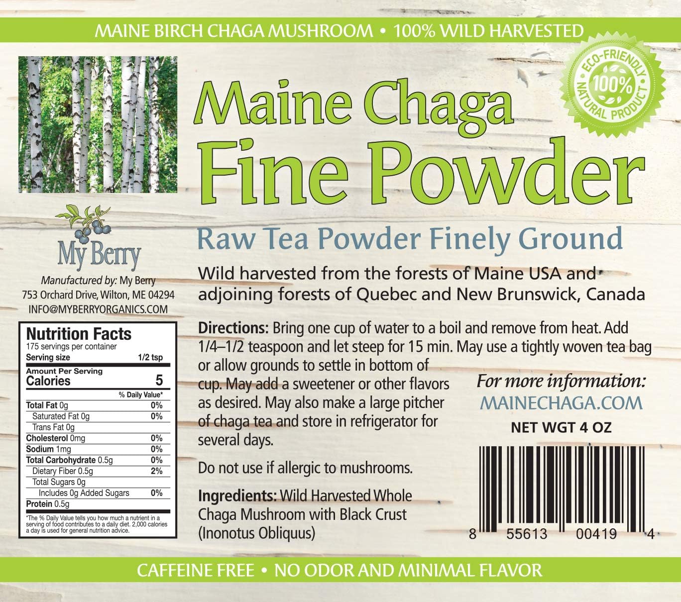 Wild-Harvested Maine Chaga Tea Fine Mushroom Powder, 100% Raw, Pesticide-Free, 4oz