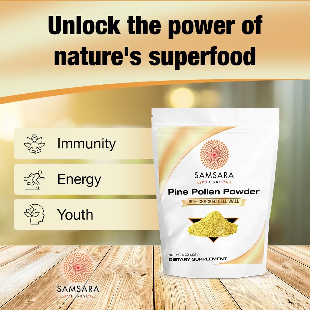 Wild Harvested Pine Pollen Powder - 99% Cracked Cell Wall (8oz/227g) for Healthy Energy & Longevity by Samsara Herbs