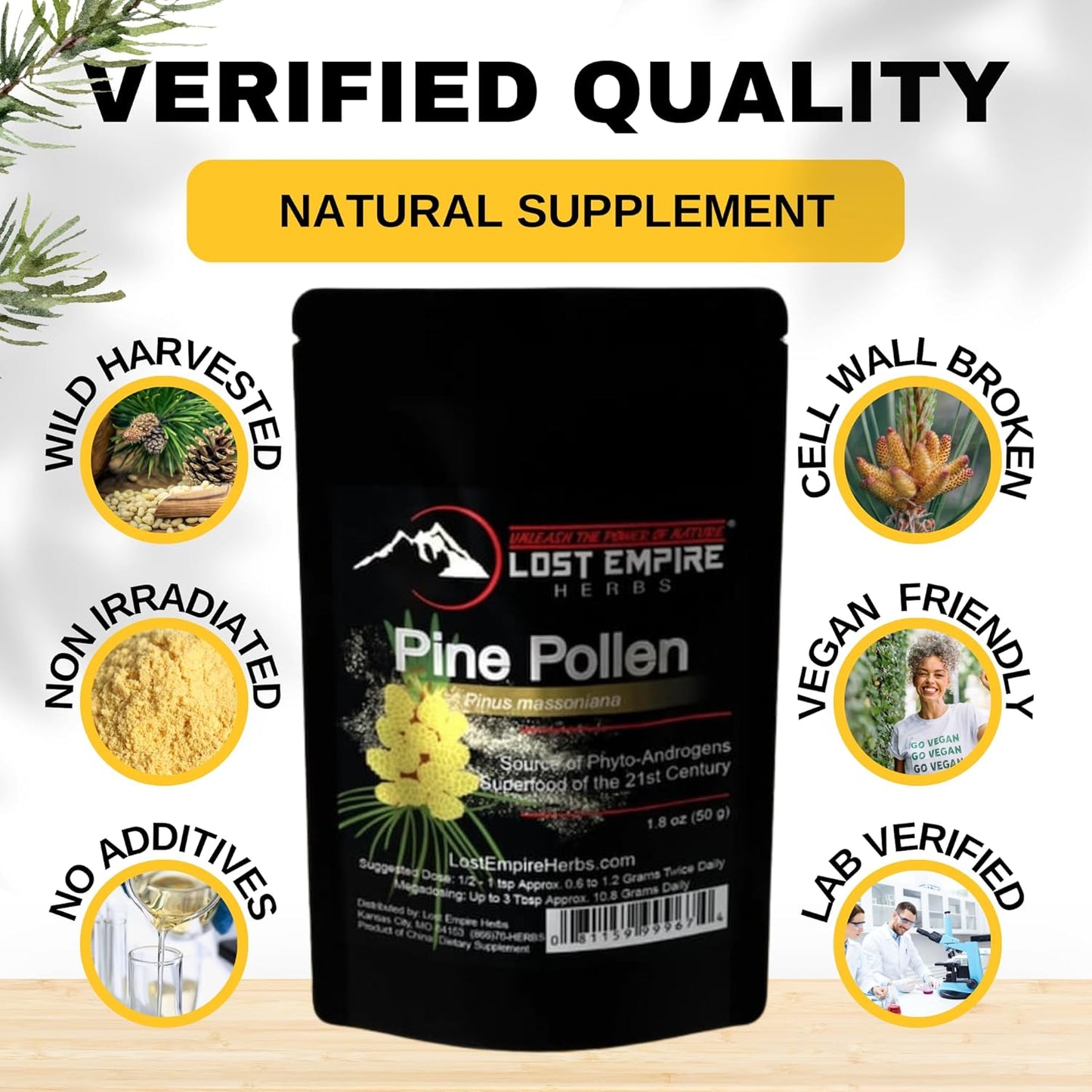 Wild Harvested Pine Pollen Powder - 99% Cracked Cell Wall | Boosts Energy & Longevity (50g) by Lost Empire Herbs