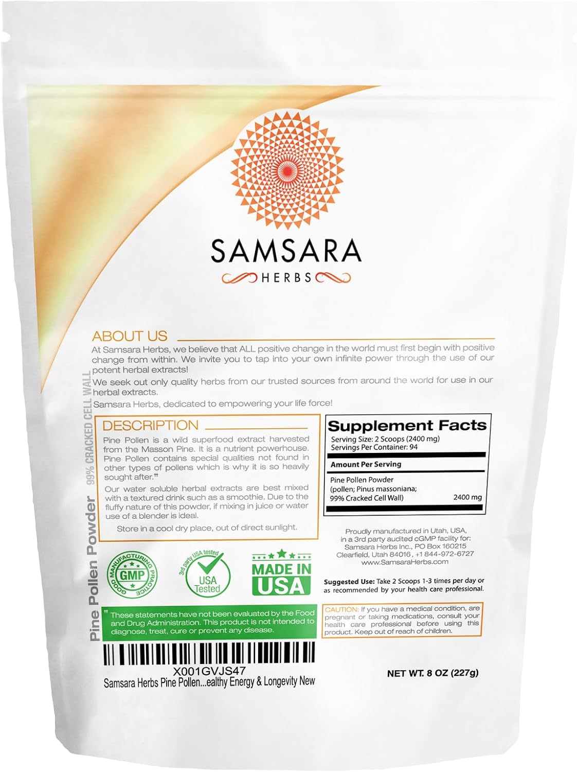 Wild Harvested Pine Pollen Powder - 99% Cracked Cell Wall (8oz/227g) for Healthy Energy & Longevity by Samsara Herbs