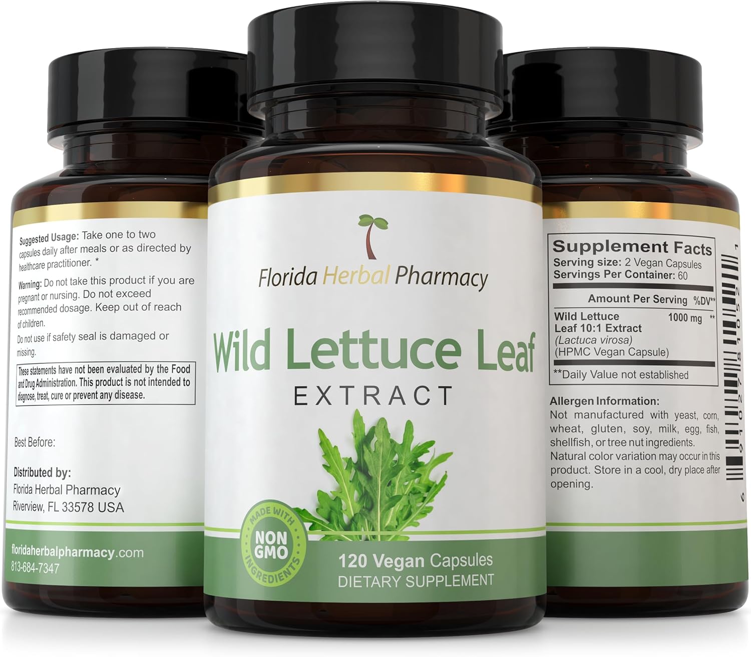 Wild Lettuce Leaf Extract Capsules 10:1, 120 Capsules, 500mg per Capsule - Florida Herbal Pharmacy
