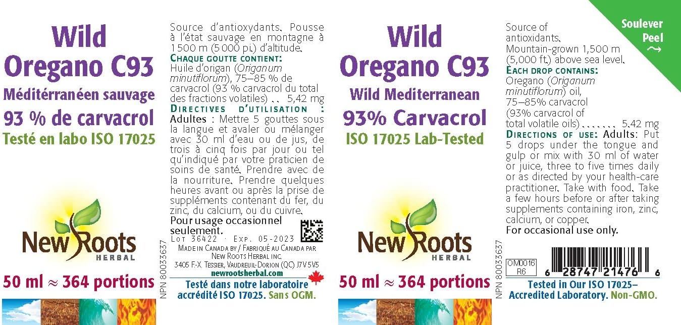 Wild Oregano C93 Liquid with High Carvacrol Concentration for Immune Support - Mediterranean Source, Organic, Non-GMO, Vegan, Gluten Free - 50 ml