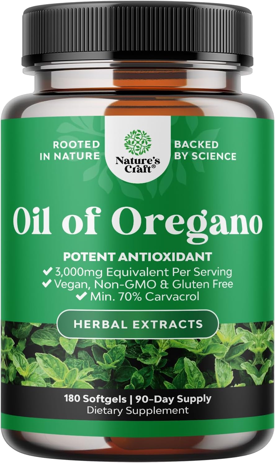 Wild Oregano Oil Softgels - Super Concentrated 3000mg Herbal Equivalent with 70% Carvacrol for Gut Health, Heart Support, and Immune Boost - Vegan & Non-GMO (180CT)
