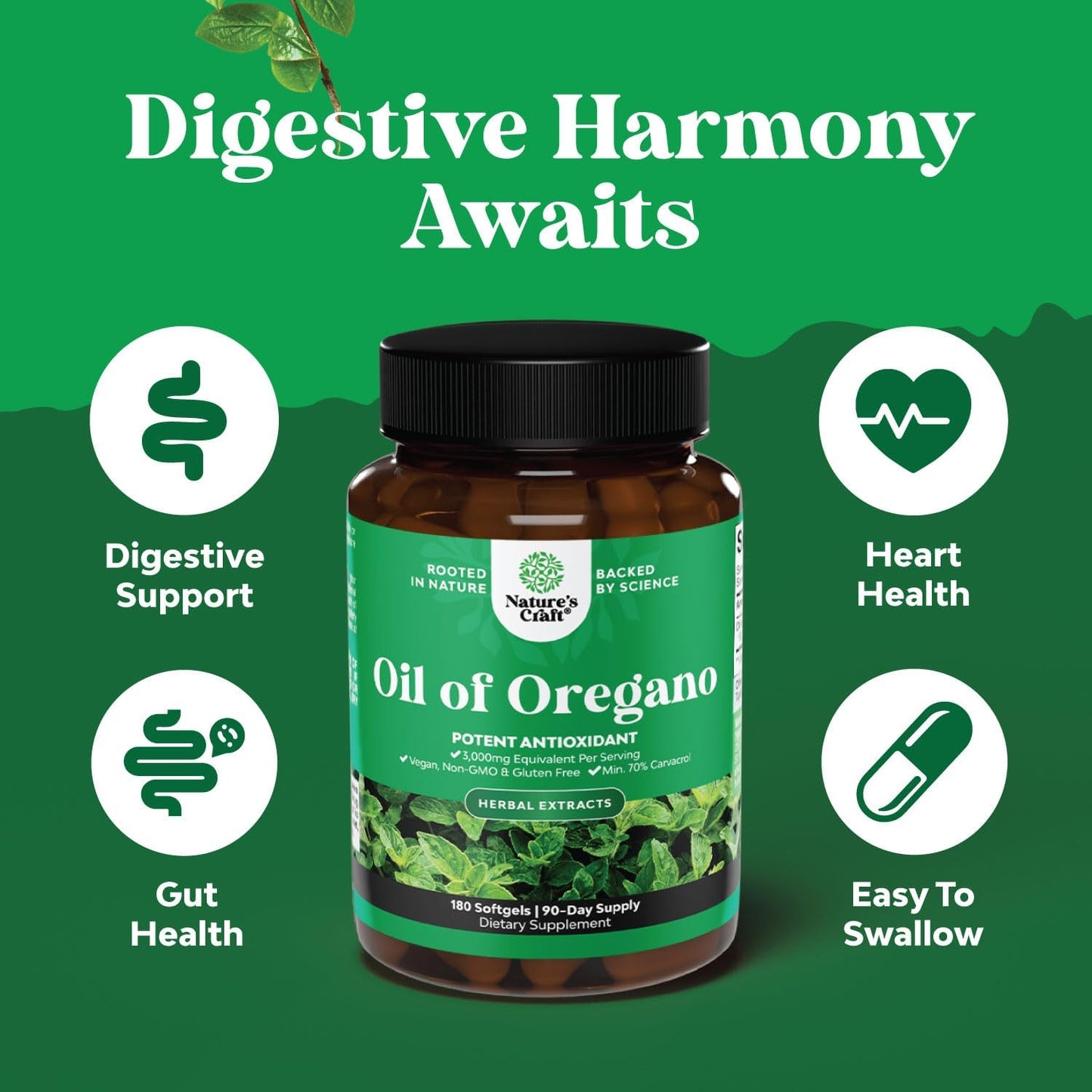 Wild Oregano Oil Softgels - Super Concentrated 3000mg Herbal Equivalent with 70% Carvacrol for Gut Health, Heart Support, and Immune Boost - Vegan & Non-GMO (180CT)