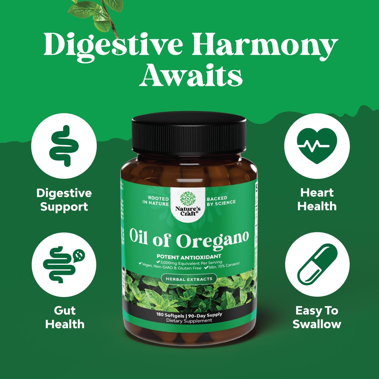 Wild Oregano Oil Softgels - Super Concentrated 3000mg Herbal Equivalent with 70% Carvacrol for Gut Health, Heart Support, and Immune Boost - Vegan & Non-GMO (180CT)