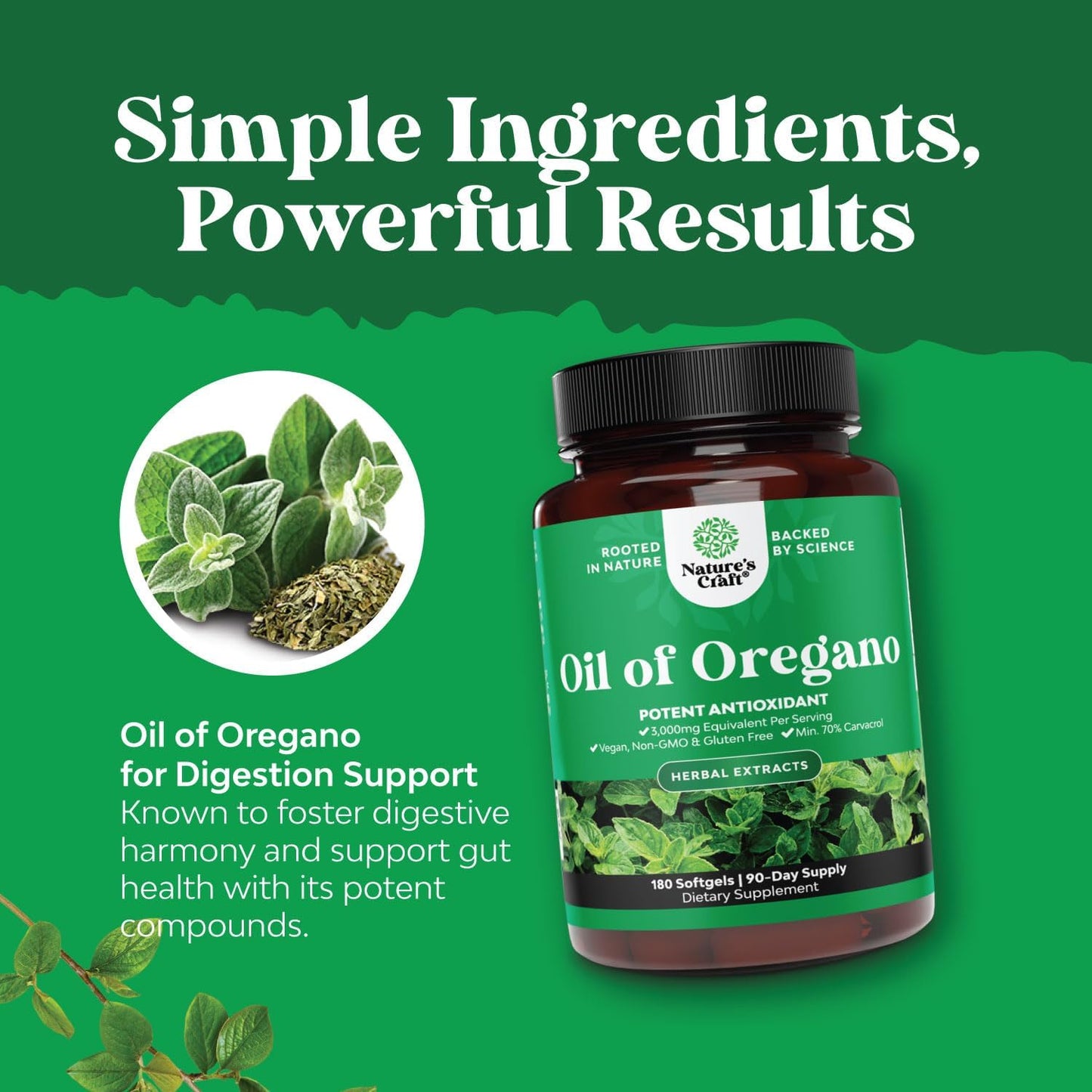 Wild Oregano Oil Softgels - Super Concentrated 3000mg Herbal Equivalent with 70% Carvacrol for Gut Health, Heart Support, and Immune Boost - Vegan & Non-GMO (180CT)