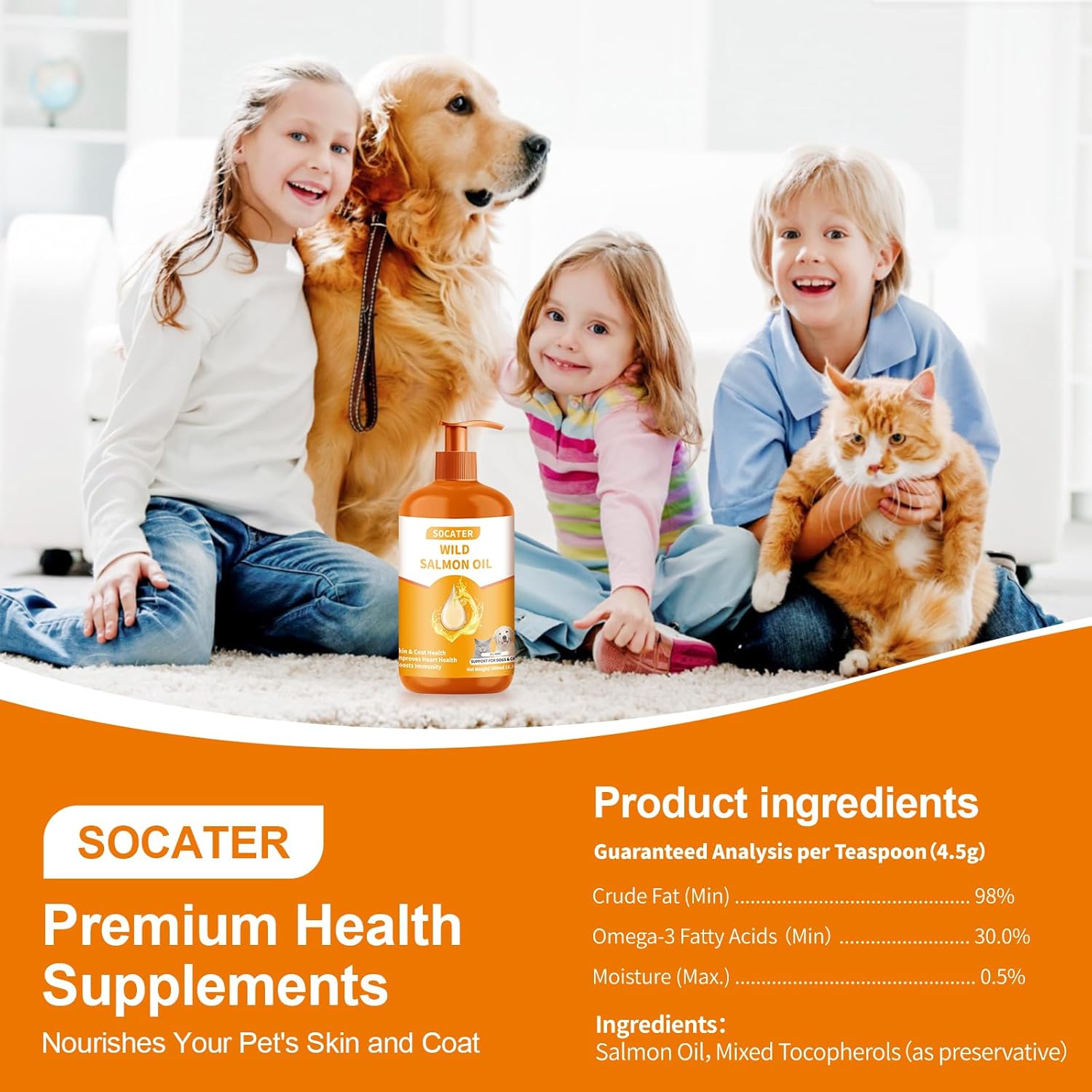 Wild Salmon Oil Omega 3 Supplement for Cats and Dogs - Skin, Coat, Joint, and Cognitive Health - 16oz