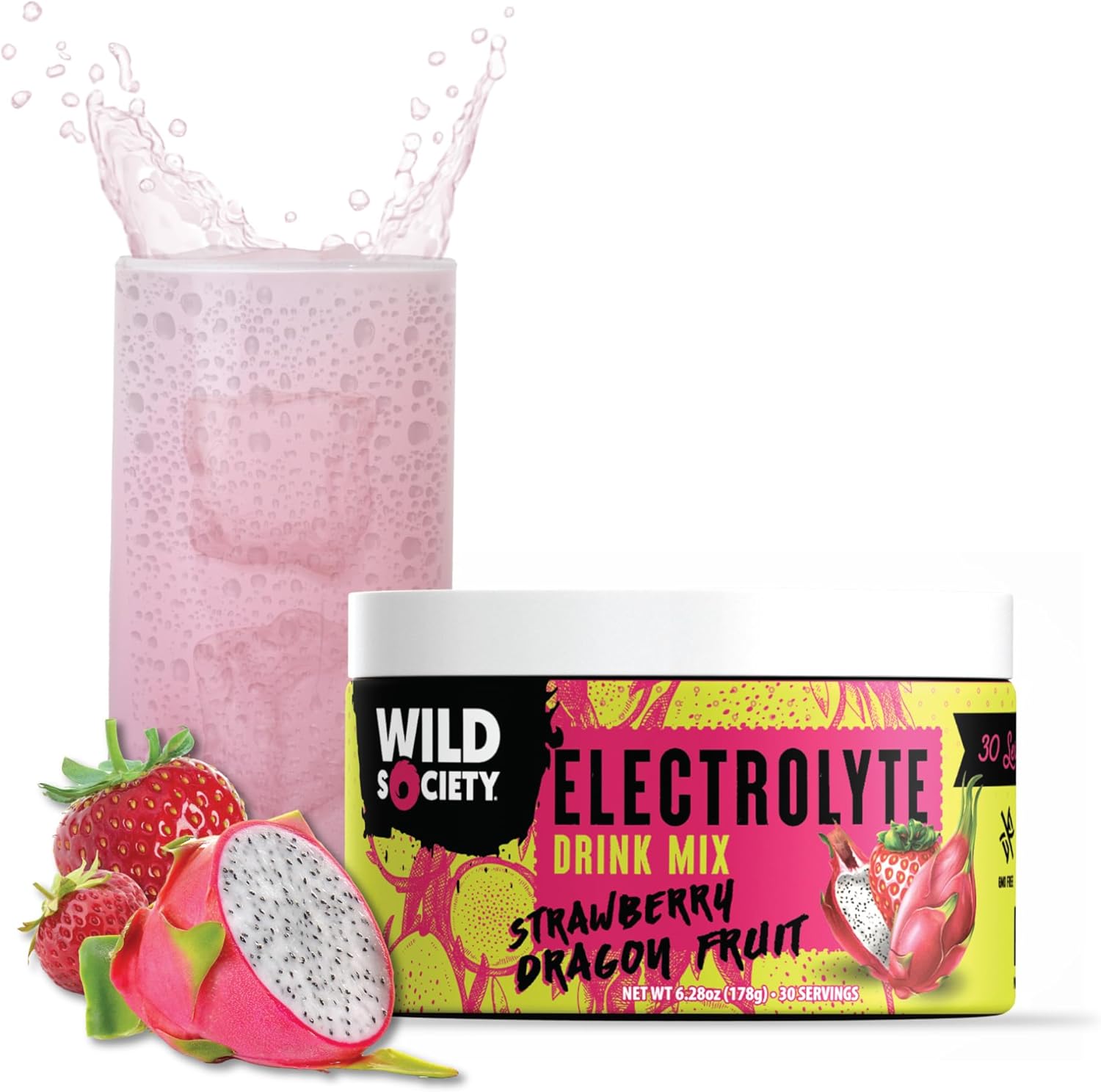 Wild Society Strawberry Dragon Fruit Electrolyte Powder Drink Mix - Premium Zero Sugar, 3x Absorption Magnesium Glycinate, Low Calorie Hydration - 30 Servings