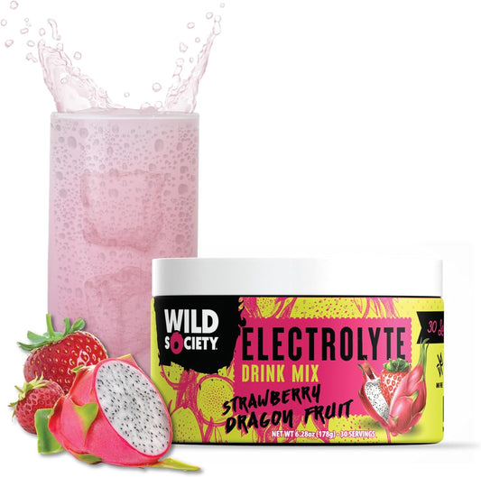 Wild Society Strawberry Dragon Fruit Electrolyte Powder Drink Mix - Premium Zero Sugar, 3x Absorption Magnesium Glycinate, Low Calorie Hydration - 30 Servings