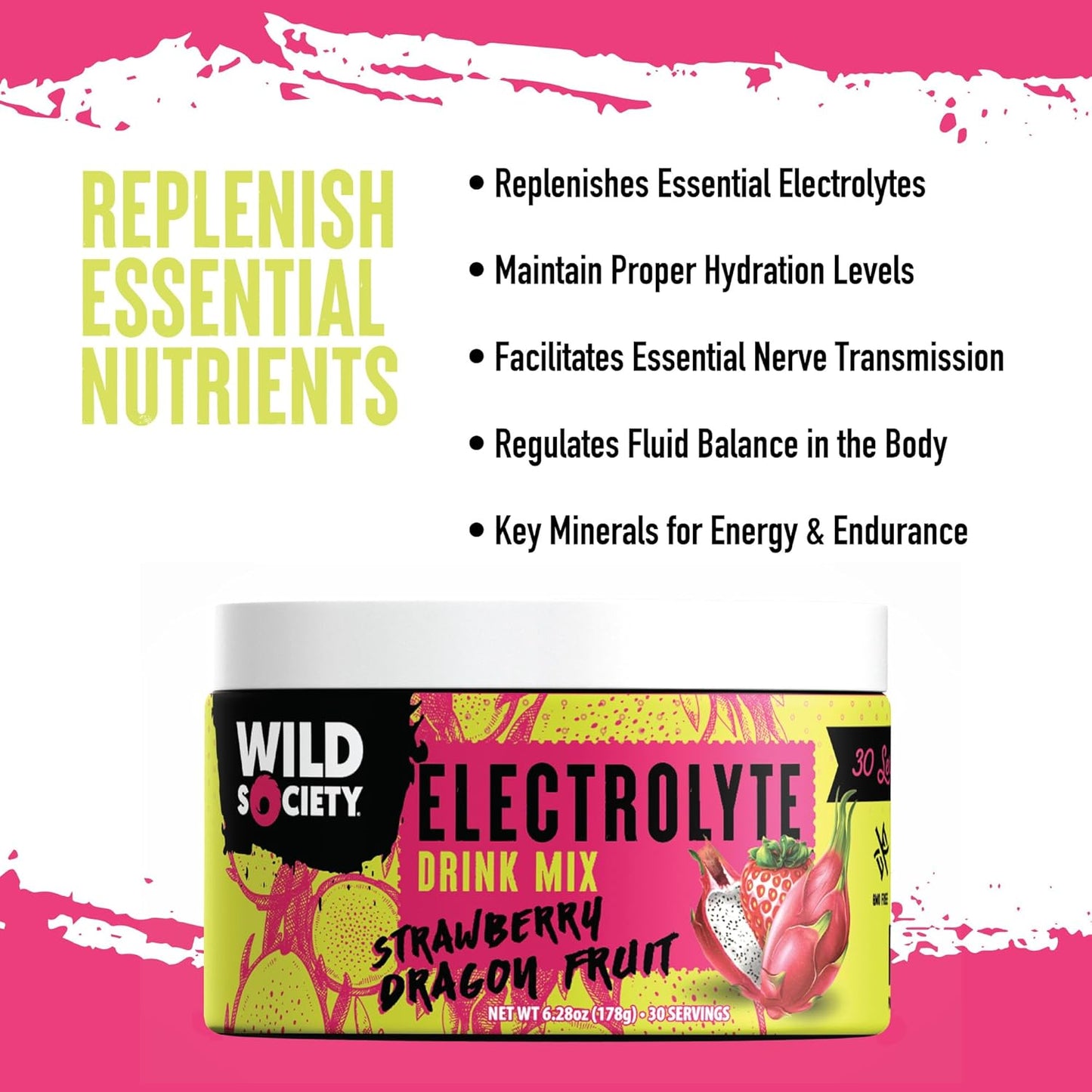 Wild Society Strawberry Dragon Fruit Electrolyte Powder Drink Mix - Premium Zero Sugar, 3x Absorption Magnesium Glycinate, Low Calorie Hydration - 30 Servings