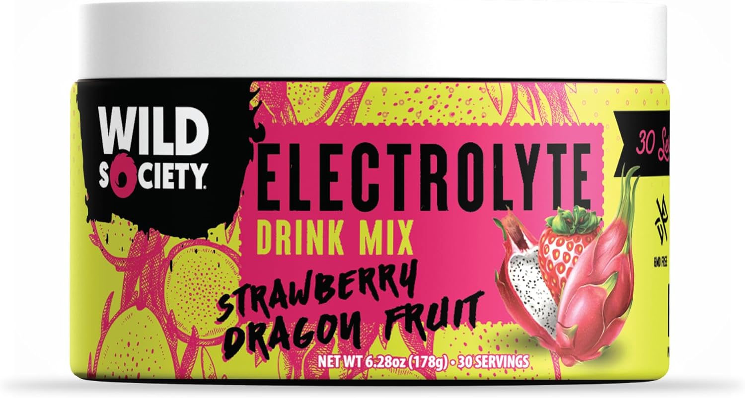Wild Society Strawberry Dragon Fruit Electrolyte Powder Drink Mix - Premium Zero Sugar, 3x Absorption Magnesium Glycinate, Low Calorie Hydration - 30 Servings