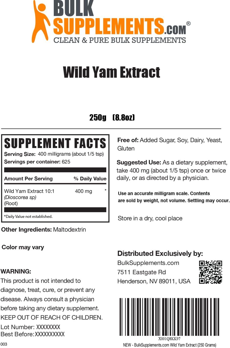 Wild Yam Extract Powder - Herbal Supplement, Gluten Free, 400mg per Serving, 250g (8.8 oz) - Pack of 1