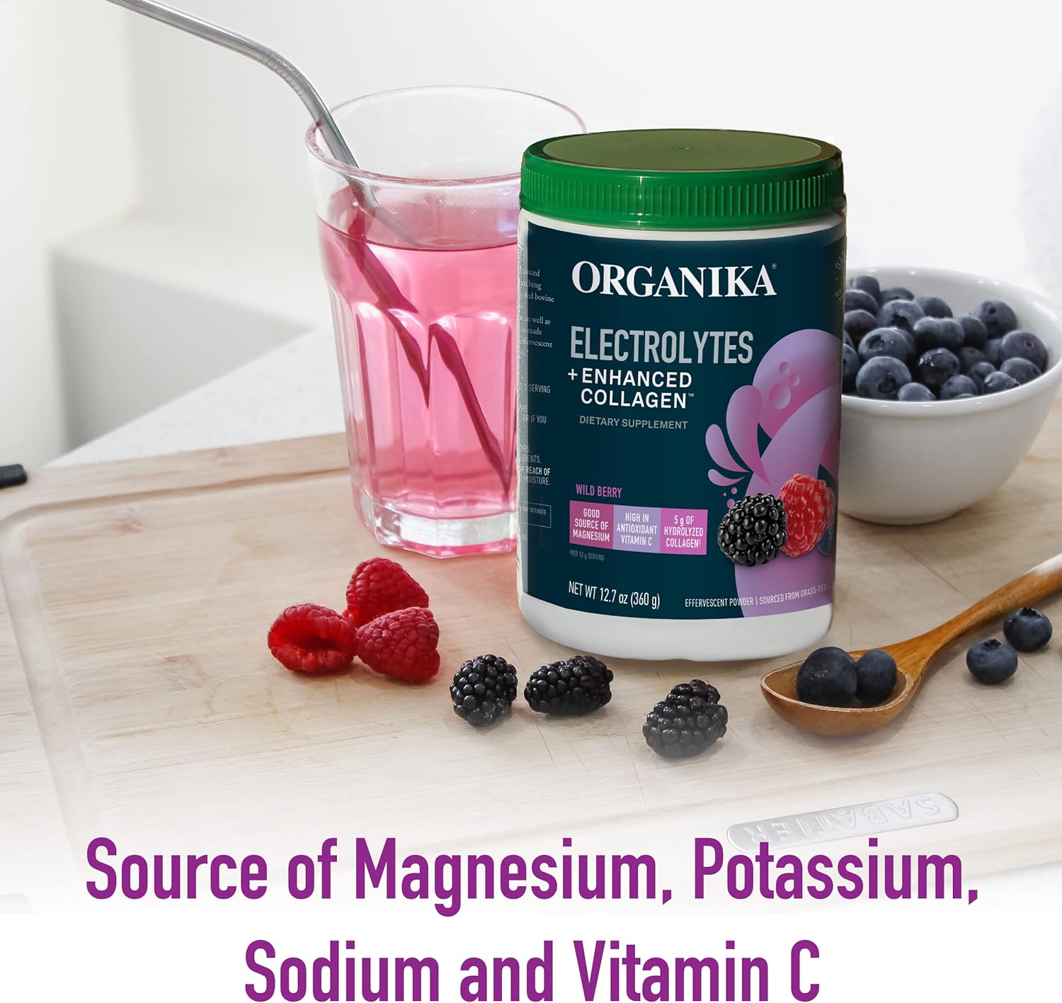 Wildberry Flavored Sugar-Free Electrolytes and Collagen Blend for Hydration and Protein Support - 360g (30 Servings)