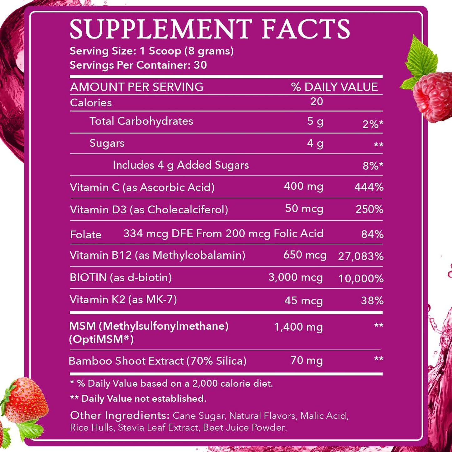 Wildberry Hair Growth Powder with MSM, Biotin, and Vitamin C - Hair Volume and Strength Supplement for Women and Men - Gluten-Free - 30 Servings