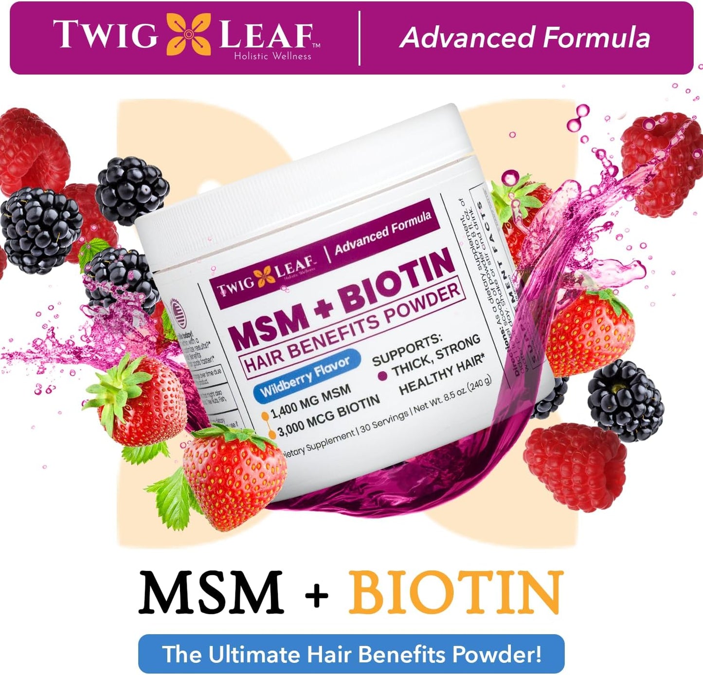 Wildberry Hair Growth Powder with MSM, Biotin, and Vitamin C - Hair Volume and Strength Supplement for Women and Men - Gluten-Free - 30 Servings