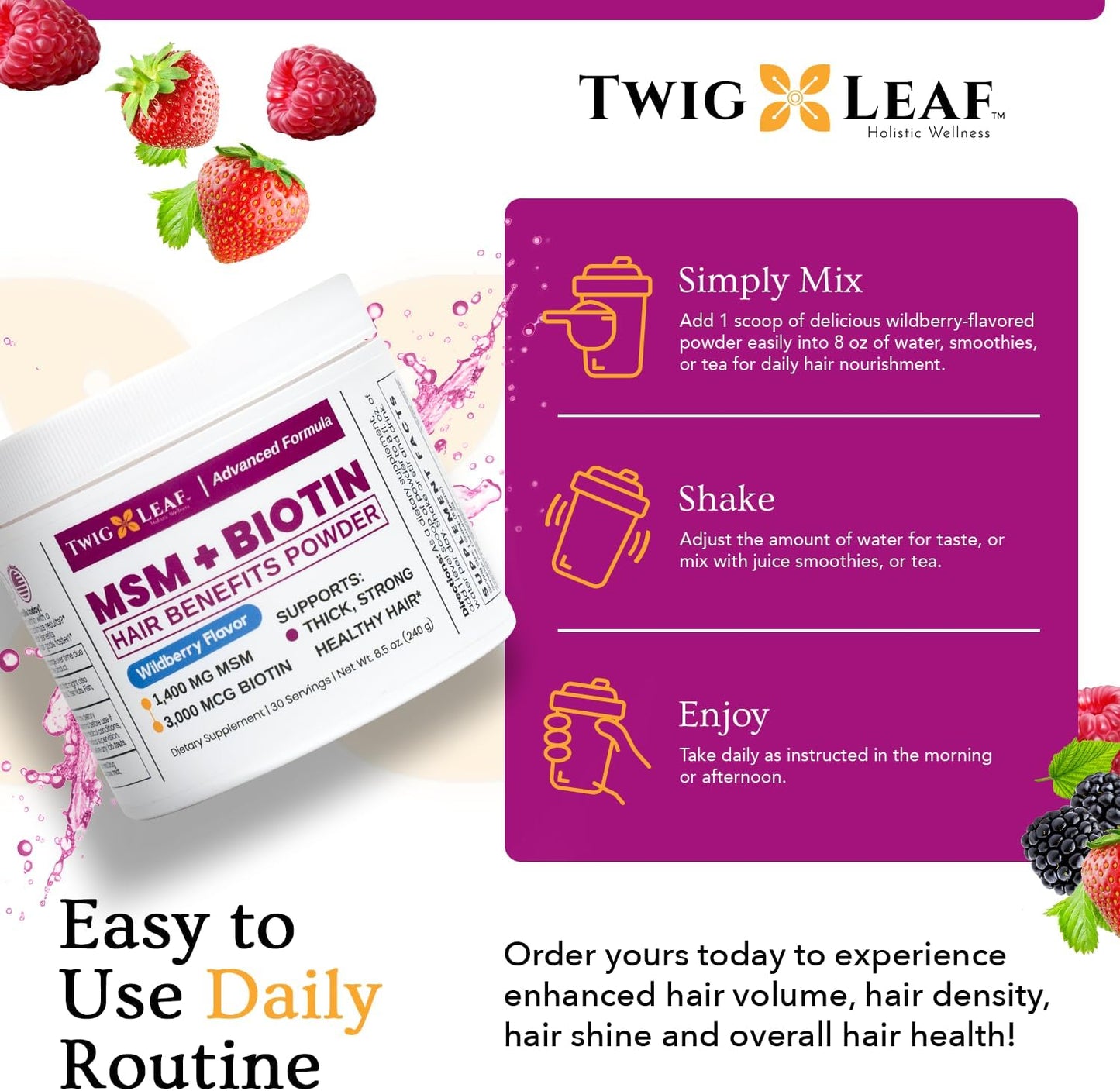 Wildberry Hair Growth Powder with MSM, Biotin, and Vitamin C - Hair Volume and Strength Supplement for Women and Men - Gluten-Free - 30 Servings