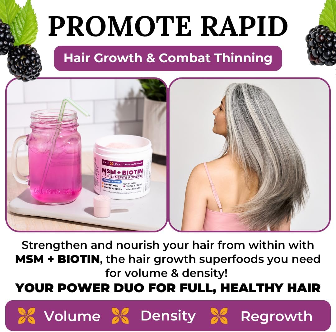 Wildberry Hair Growth Powder with MSM, Biotin, and Vitamin C - Hair Volume and Strength Supplement for Women and Men - Gluten-Free - 30 Servings