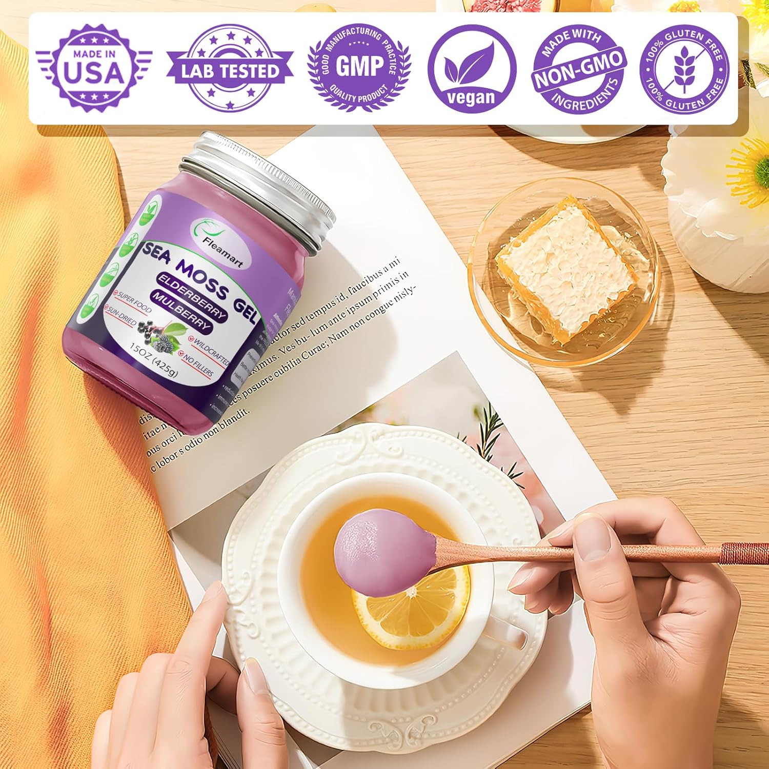 Wildcrafted Elderberry Flavor Sea Moss Gel - 15 OZ | Organic Raw Non-GMO Irish Sea Moss Gel for Thyroid & Digestive Support