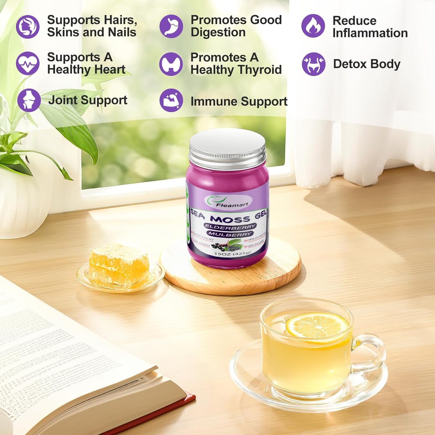 Wildcrafted Elderberry Flavor Sea Moss Gel - 15 OZ | Organic Raw Non-GMO Irish Sea Moss Gel for Thyroid & Digestive Support