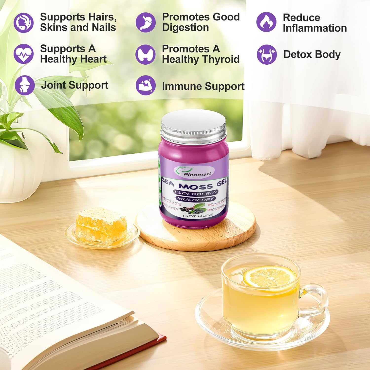 Wildcrafted Elderberry Flavor Sea Moss Gel - 15 OZ | Organic Raw Non-GMO Irish Sea Moss Gel for Thyroid & Digestive Support