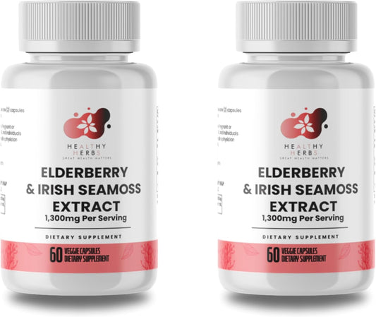 Wildcrafted Elderberry Sea Moss Capsules - 2600mg Irish Sea Moss + Elderberry Essentials Blend - US-Made, Vegan, Non-GMO - Easy-Swallow - 2 Pack