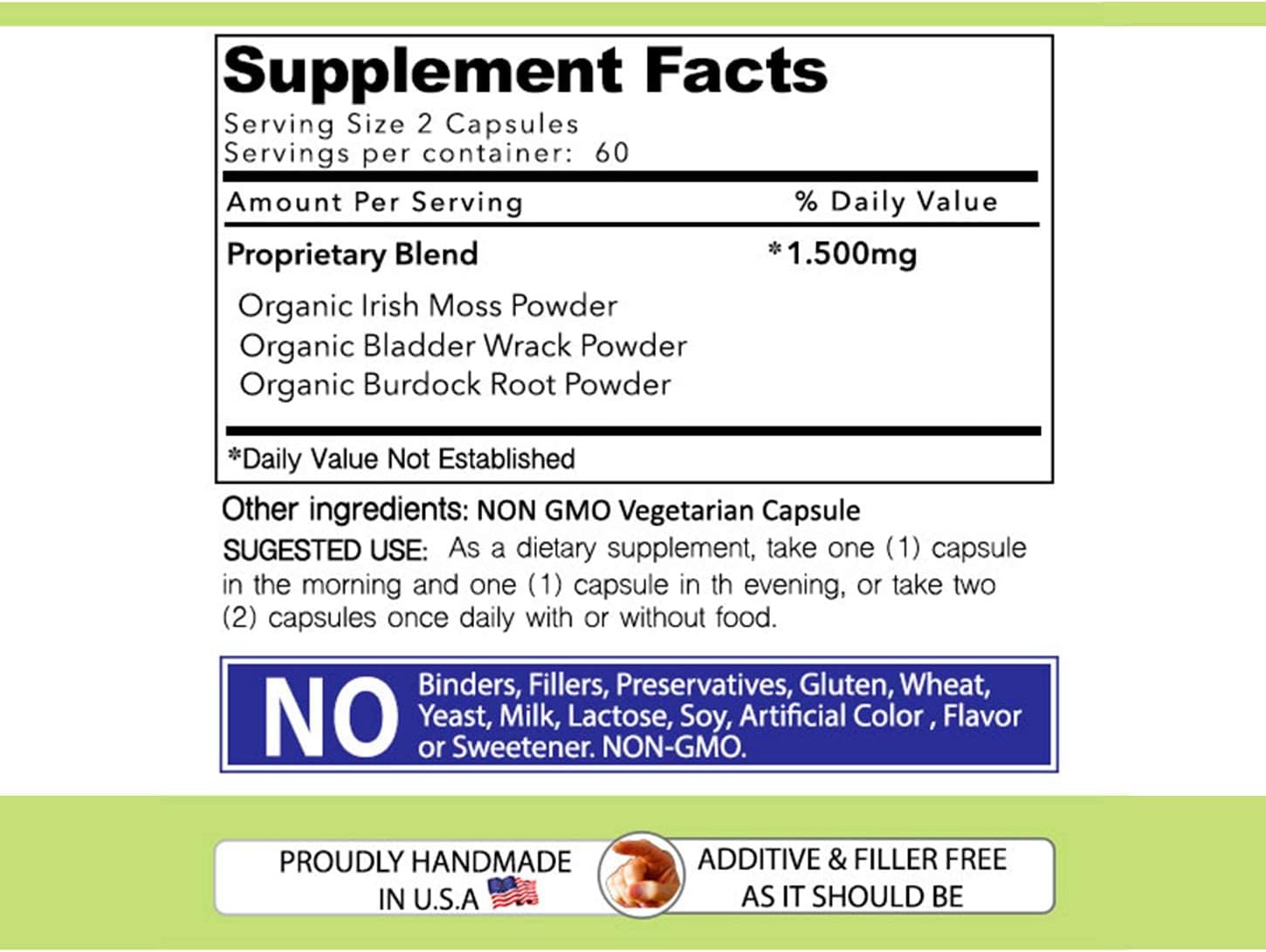 Wildcrafted Irish Sea Moss Bladderwrack & Burdock Root Capsules - 1500mg (2 Pack) - Immune, Gut Health & Thyroid Support - 240 Vegetarian Capsules