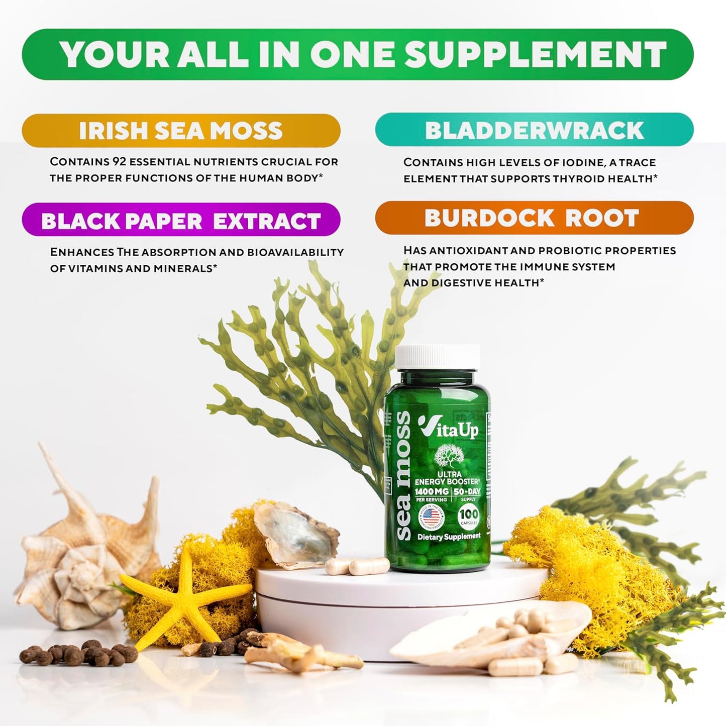 Wildcrafted Irish Sea Moss Capsules with Burdock Root & Bladderwrack - 100 Vegan Pills for Hair, Skin, Immune & Energy Support - USA Made SeaMoss Capsules