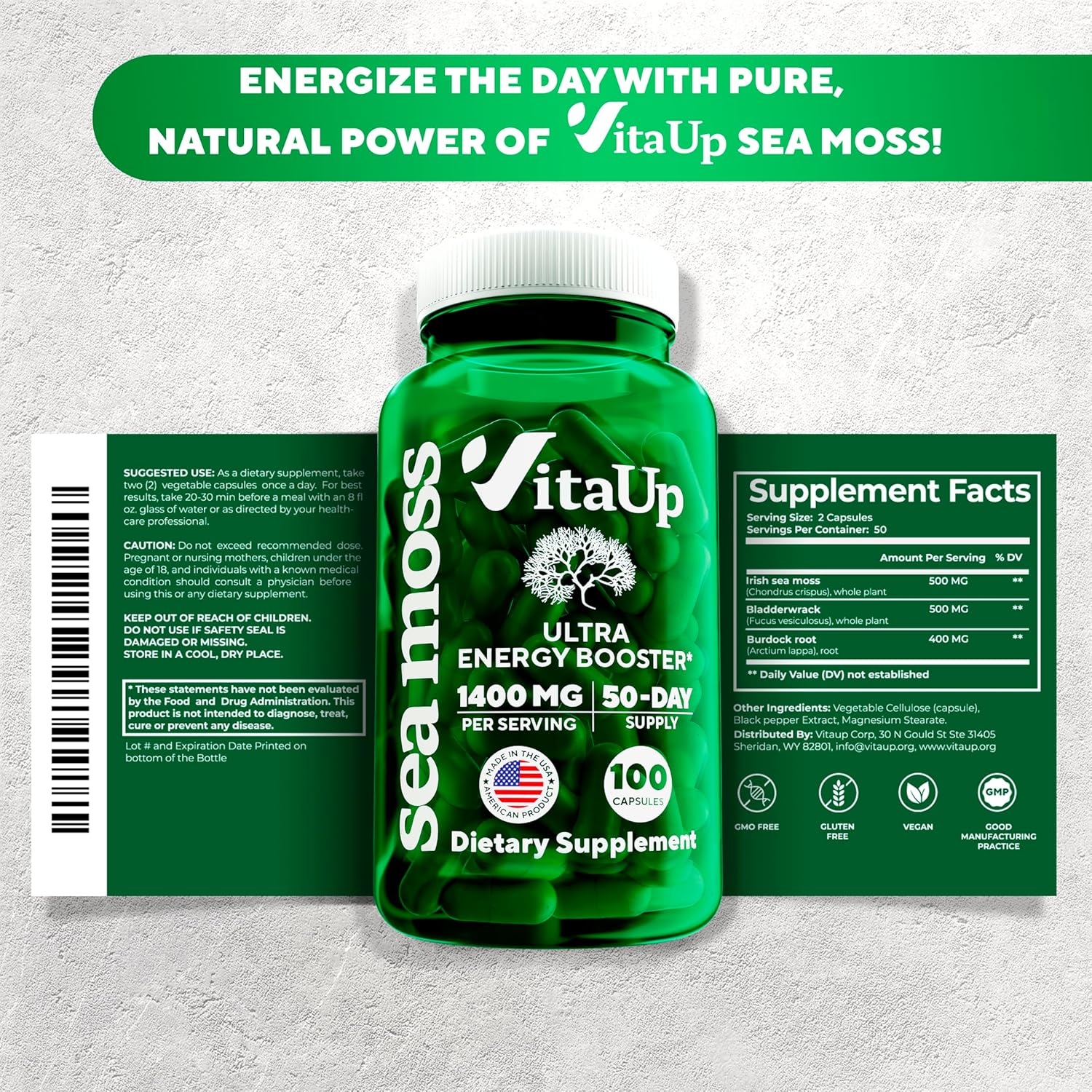 Wildcrafted Irish Sea Moss Capsules with Burdock Root & Bladderwrack - 100 Vegan Pills for Hair, Skin, Immune & Energy Support - USA Made SeaMoss Capsules