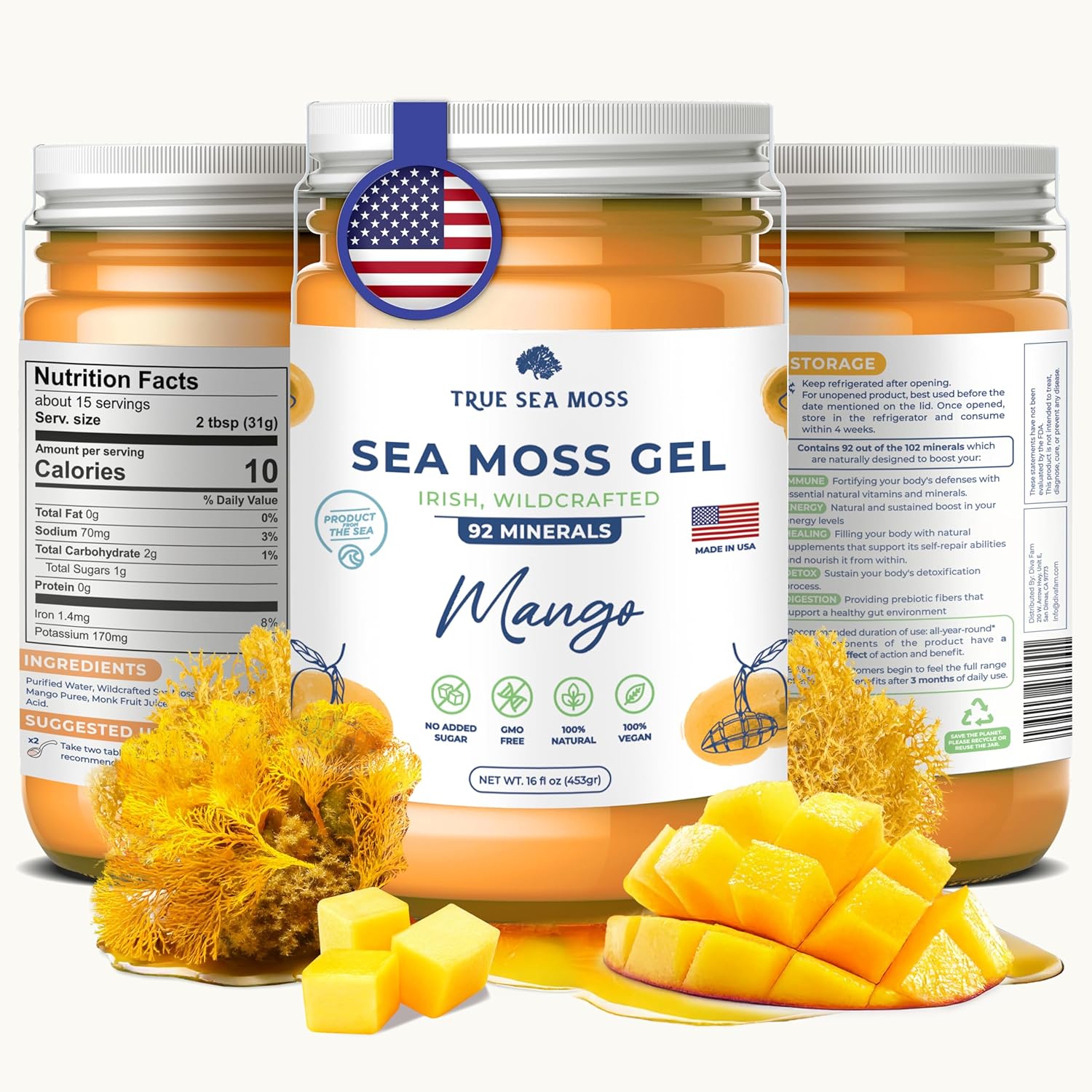 Wildcrafted Irish Sea Moss Gel with Dried Seaweed & Fresh Sea Vegetables - Mango Flavor - 16 oz - Supports Health & Digestion - Made in USA