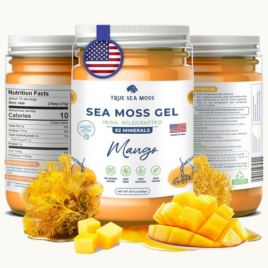 Wildcrafted Irish Sea Moss Gel with Dried Seaweed & Fresh Sea Vegetables - Mango Flavor - 16 oz - Supports Health & Digestion - Made in USA