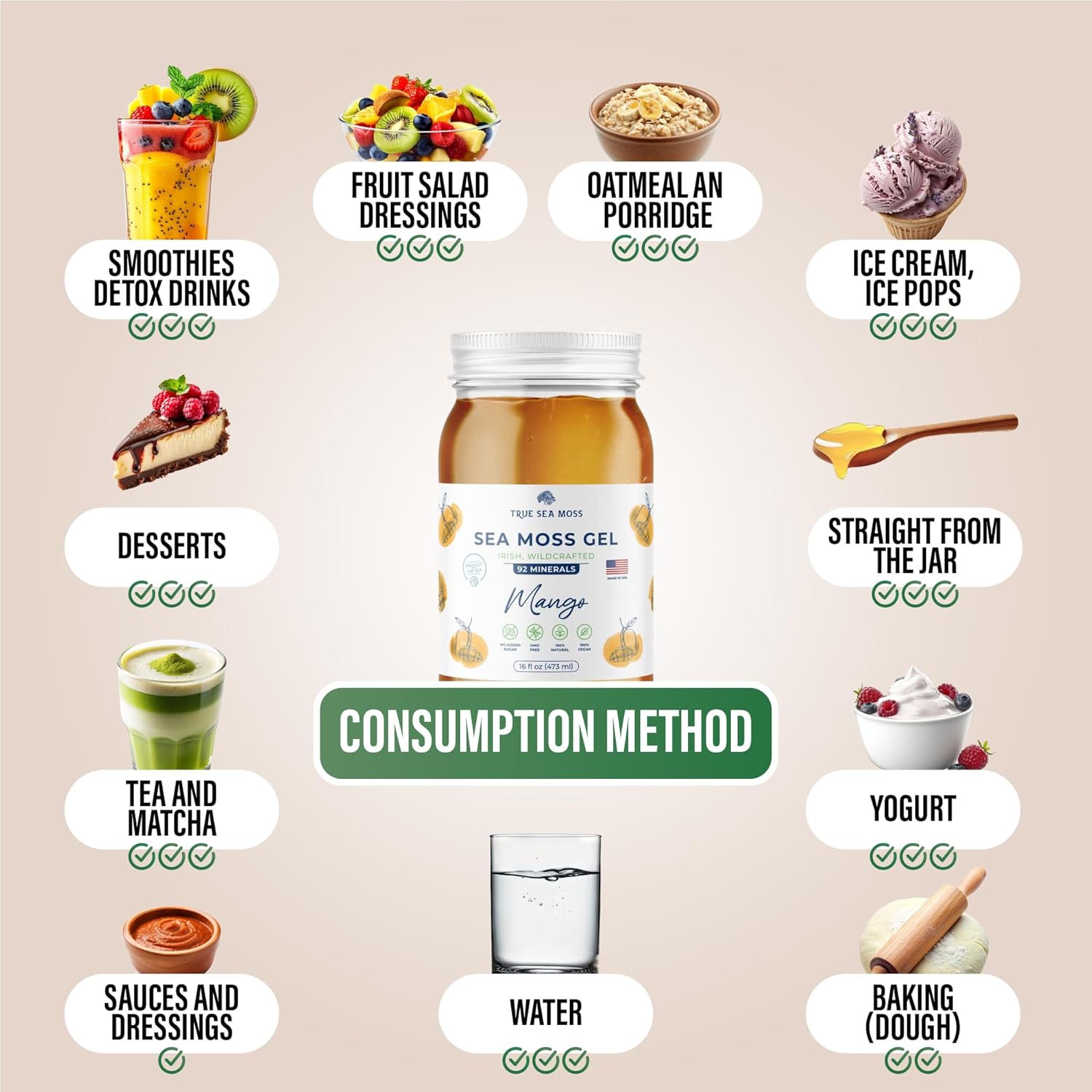 Wildcrafted Irish Sea Moss Gel with Dried Seaweed & Fresh Sea Vegetables - Mango Flavor - 16 oz - Supports Health & Digestion - Made in USA