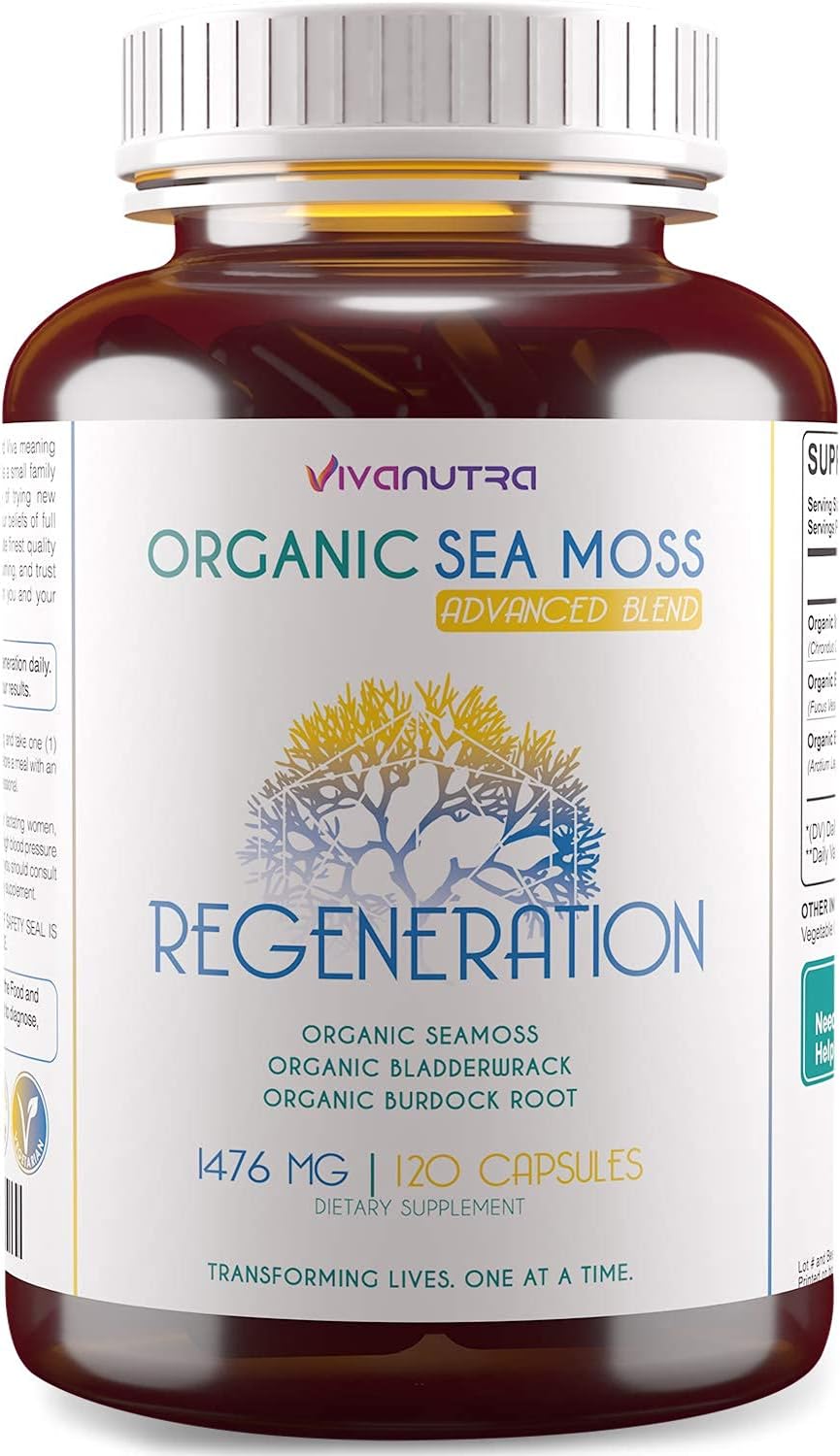 Wildcrafted Organic Sea Moss, Bladderwrack, Burdock Root Capsules - 120 Count - Alkaline Vegan Superfood Supplement - 2 Month Supply