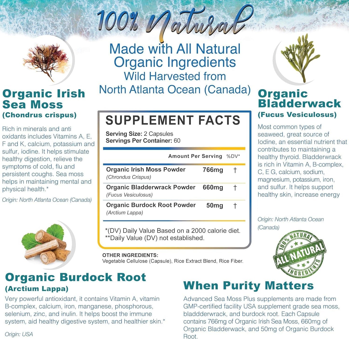 Wildcrafted Organic Sea Moss, Bladderwrack, Burdock Root Capsules - 120 Count - Alkaline Vegan Superfood Supplement - 2 Month Supply