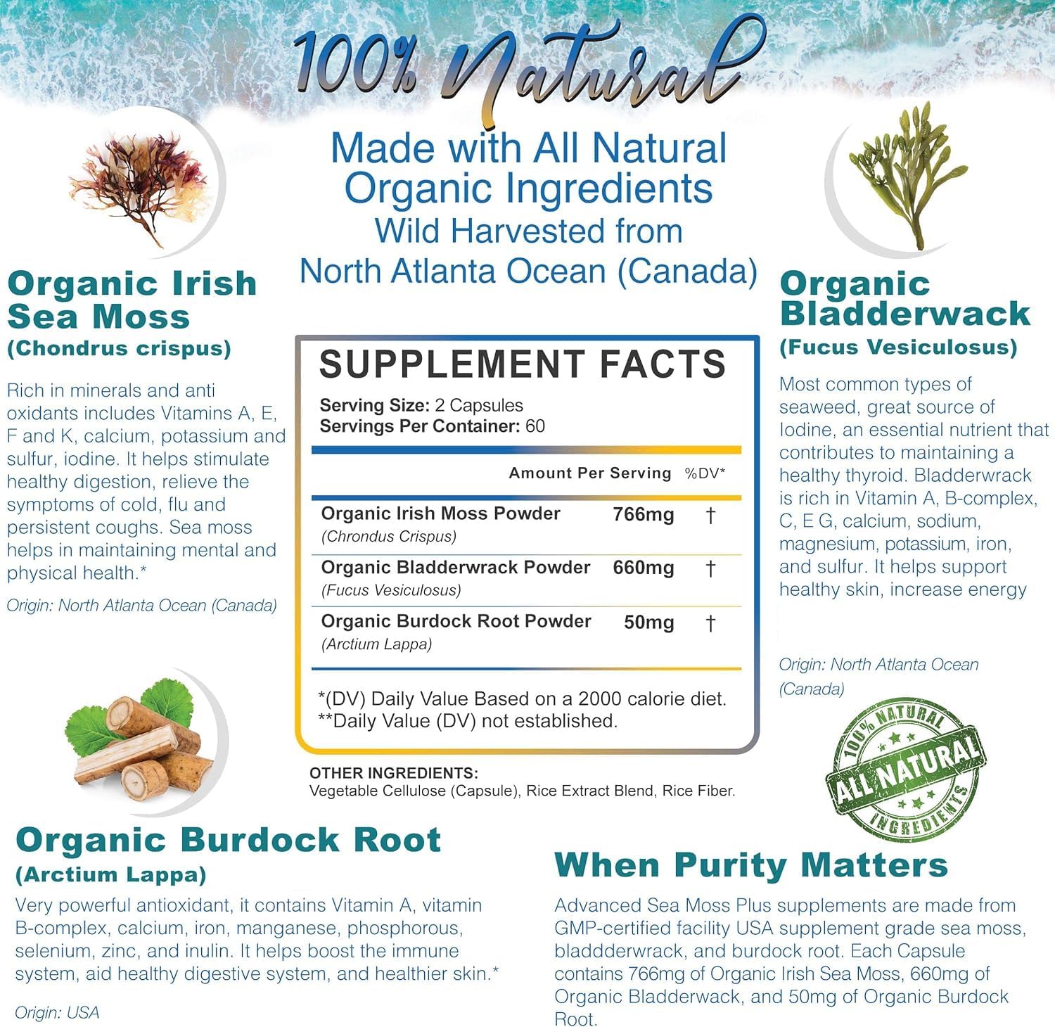 Wildcrafted Organic Sea Moss, Bladderwrack, Burdock Root Capsules - 120 Count - Alkaline Vegan Superfood Supplement - 2 Month Supply