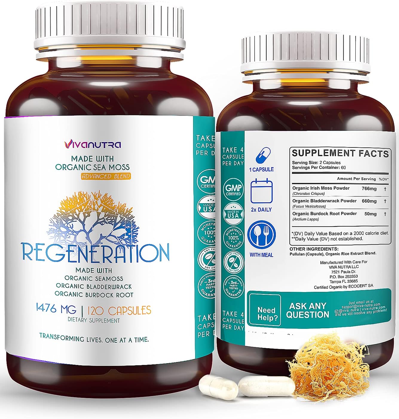 Wildcrafted Organic Sea Moss, Bladderwrack, Burdock Root Capsules - 120 Count - Alkaline Vegan Superfood Supplement - 2 Month Supply