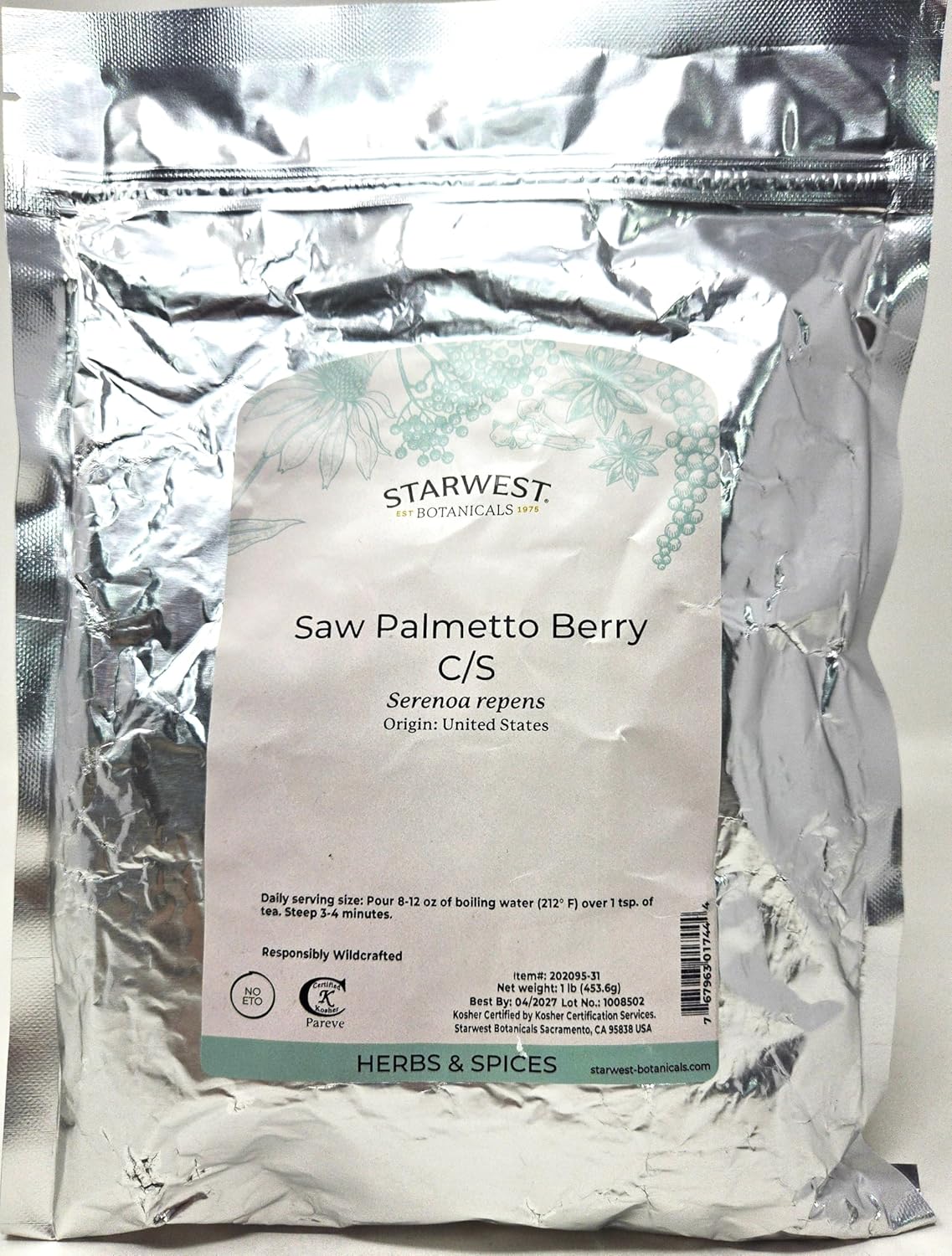 Wildcrafted Saw Palmetto Berry Cut & Sifted - 1 lb - Serenoa Repens - Starwest Botanicals