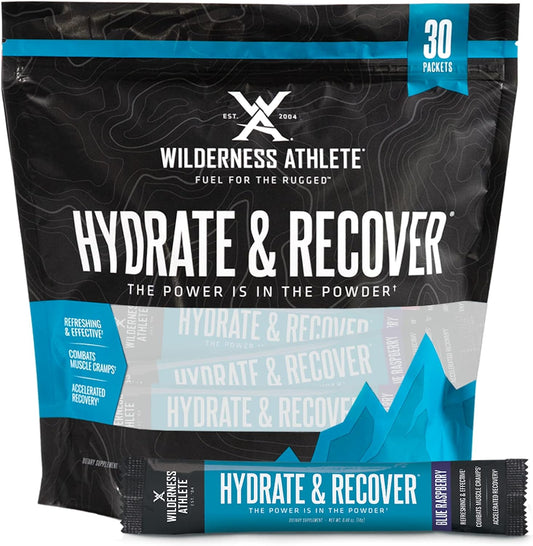 Wilderness Athlete Liquid Hydration Packets - Blue Raspberry Electrolyte Drink Mix with BCAAs - 30 Single Serving Packets for Faster Recovery