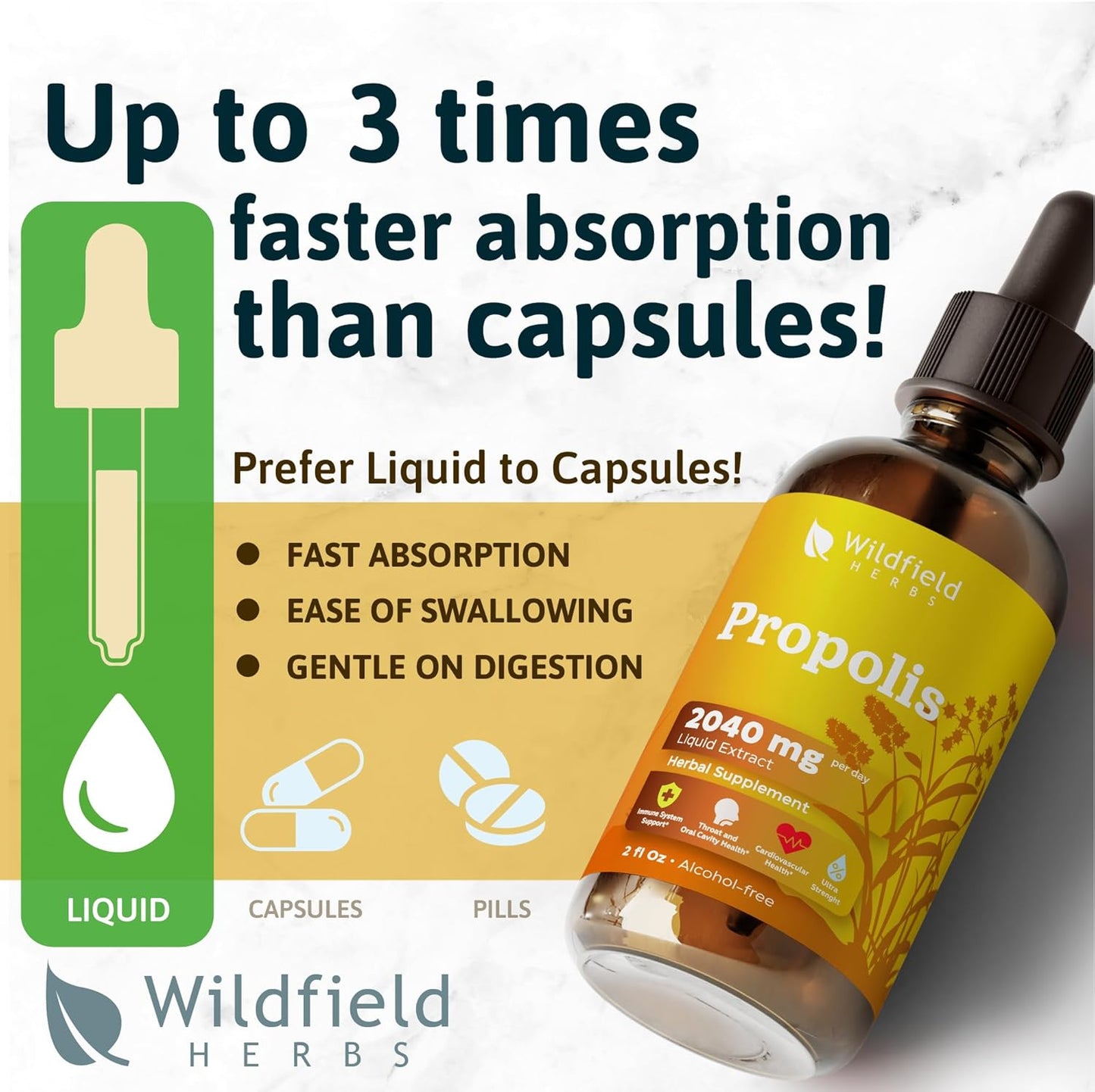 Wildfield Herbs Propolis Extract Drops - 2040mg Liquid Tincture Herbal Supplement, 1 Month Supply, Alcohol-Free - 2 Oz